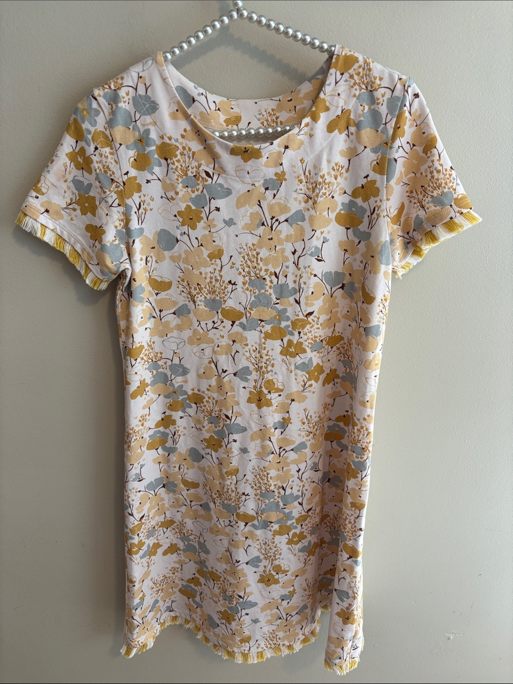 Spartina 449 Island Fringe Dress Small Floral Cotton Blend Short Sleeve Crewneck